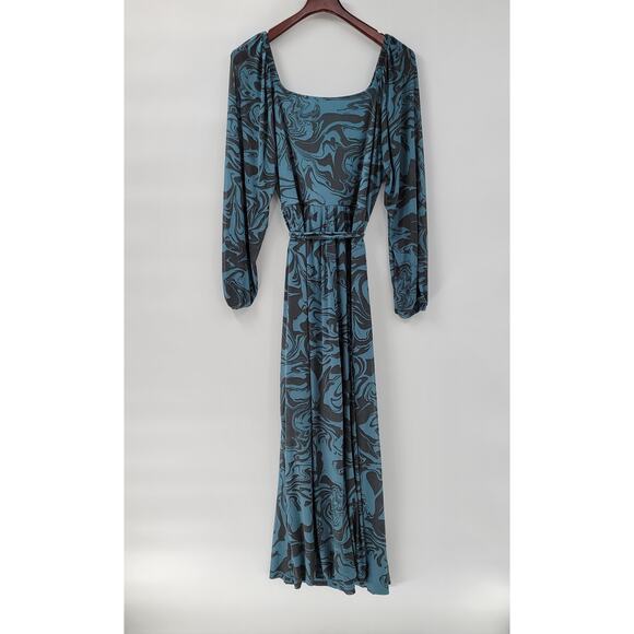 Ava & Viv‎ Swirl Maxi Dress Womens 1X Blue Mesh Ruched Long Balloon Sleeve - Picture 11 of 16